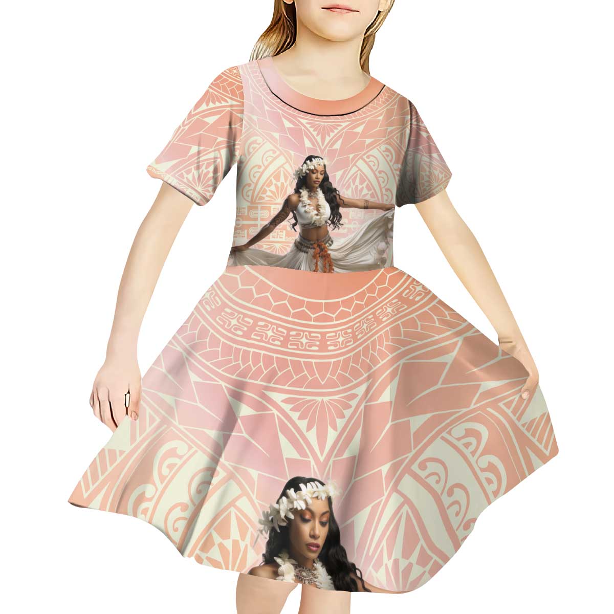 Woman Polynesian Tattoos Kid Short Sleeve Dress Tropical Flower - Peach Fuzz Color