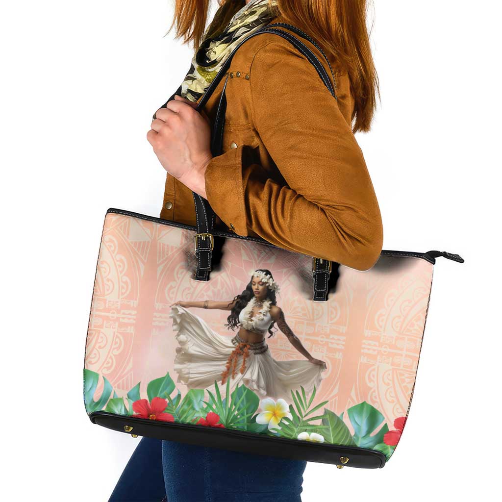 Woman Polynesian Tattoos Leather Tote Bag Tropical Flower - Peach Fuzz Color