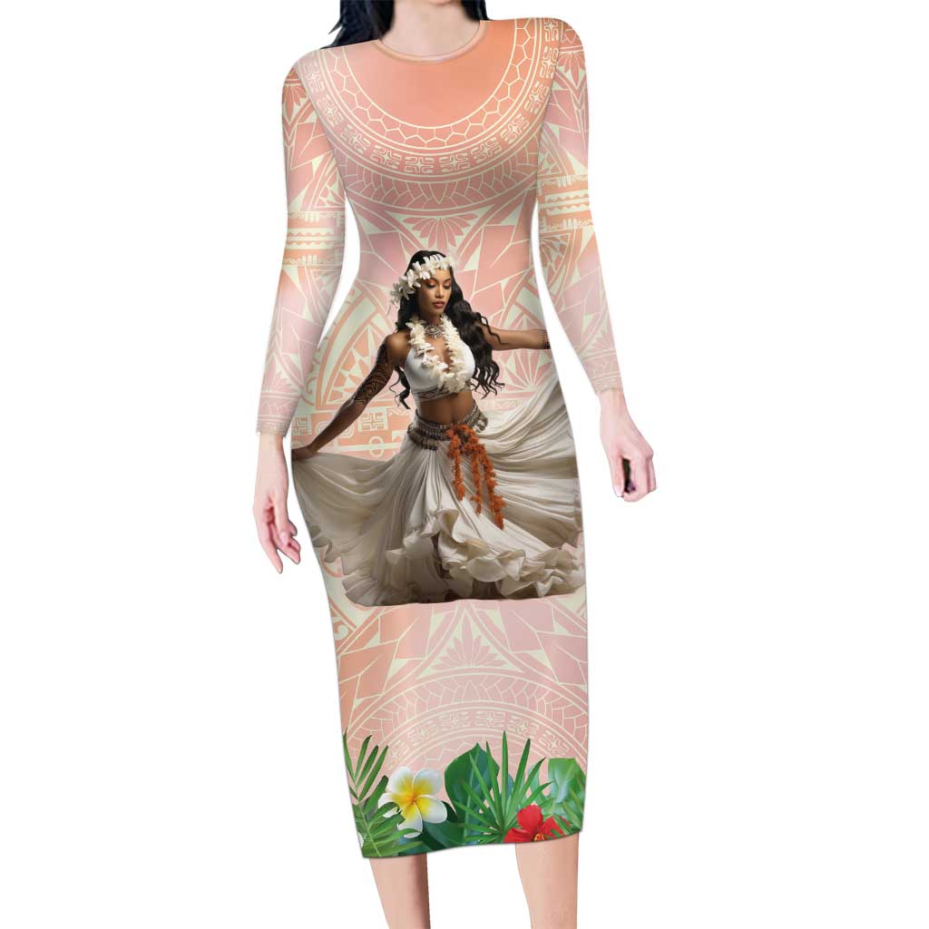 Woman Polynesian Tattoos Long Sleeve Bodycon Dress Tropical Flower - Peach Fuzz Color