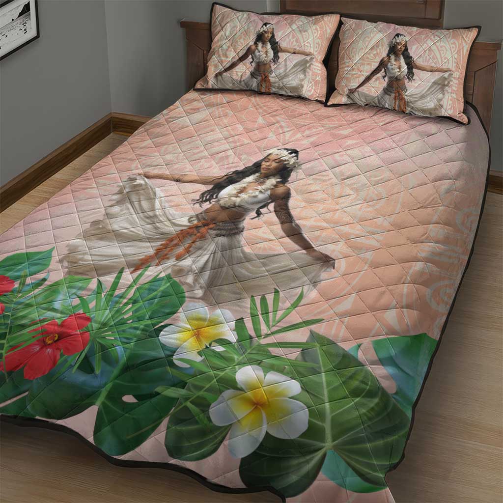 Woman Polynesian Tattoos Quilt Bed Set Tropical Flower - Peach Fuzz Color LT03 - Polynesian Pride