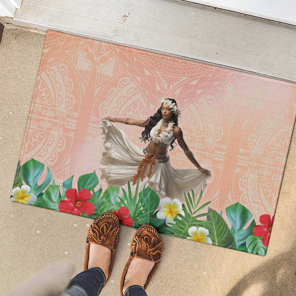 Woman Polynesian Tattoos Rubber Doormat Tropical Flower - Peach Fuzz Color LT03 - Polynesian Pride