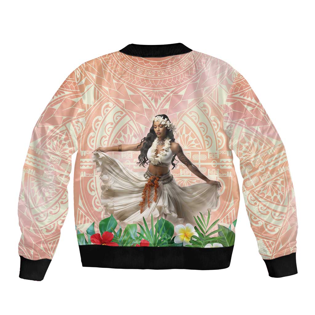 Woman Polynesian Tattoos Sleeve Zip Bomber Jacket Tropical Flower - Peach Fuzz Color