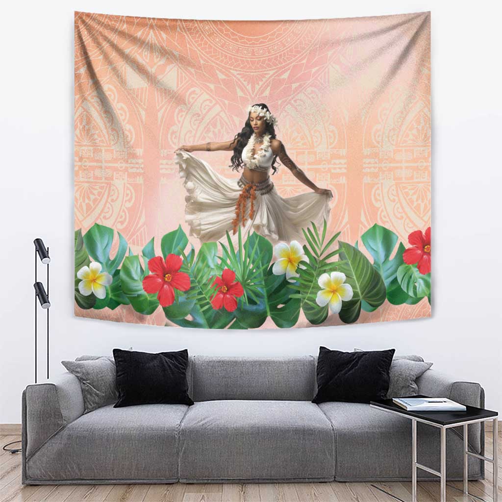 Woman Polynesian Tattoos Tapestry Tropical Flower - Peach Fuzz Color