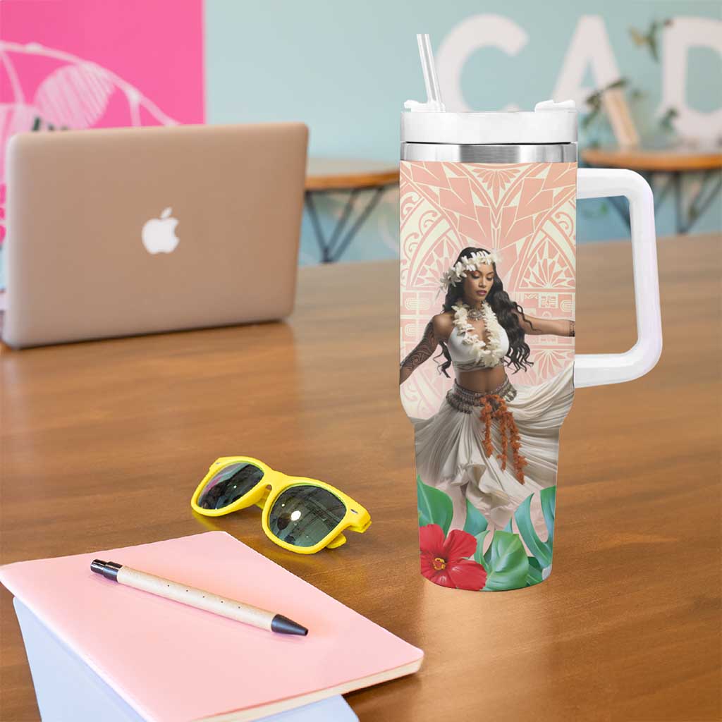 Woman Polynesian Tattoos Tumbler With Handle Tropical Flower - Peach Fuzz Color LT03 - Polynesian Pride