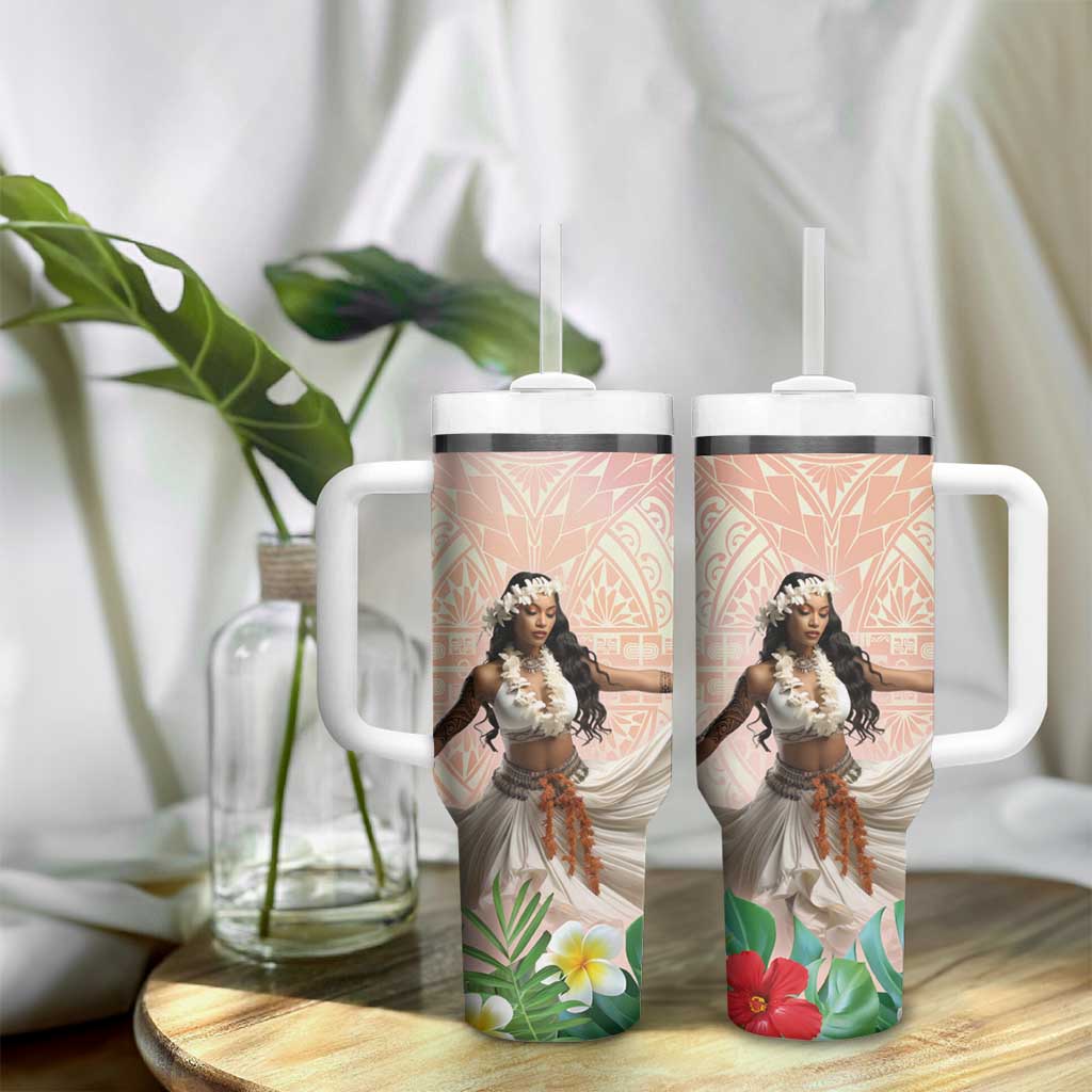 Woman Polynesian Tattoos Tumbler With Handle Tropical Flower - Peach Fuzz Color LT03 - Polynesian Pride