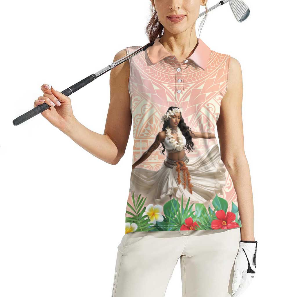 Woman Polynesian Tattoos Women Sleeveless Polo Shirt Tropical Flower - Peach Fuzz Color