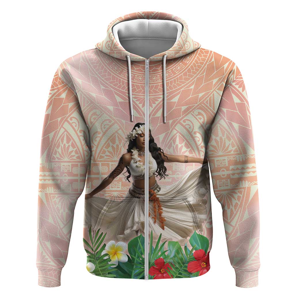 Woman Polynesian Tattoos Zip Hoodie Tropical Flower - Peach Fuzz Color