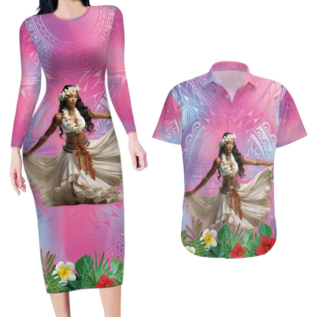 Woman Polynesian Tattoos Couples Matching Long Sleeve Bodycon Dress and Hawaiian Shirt Tropical Flower - Sweets Vibrant Color