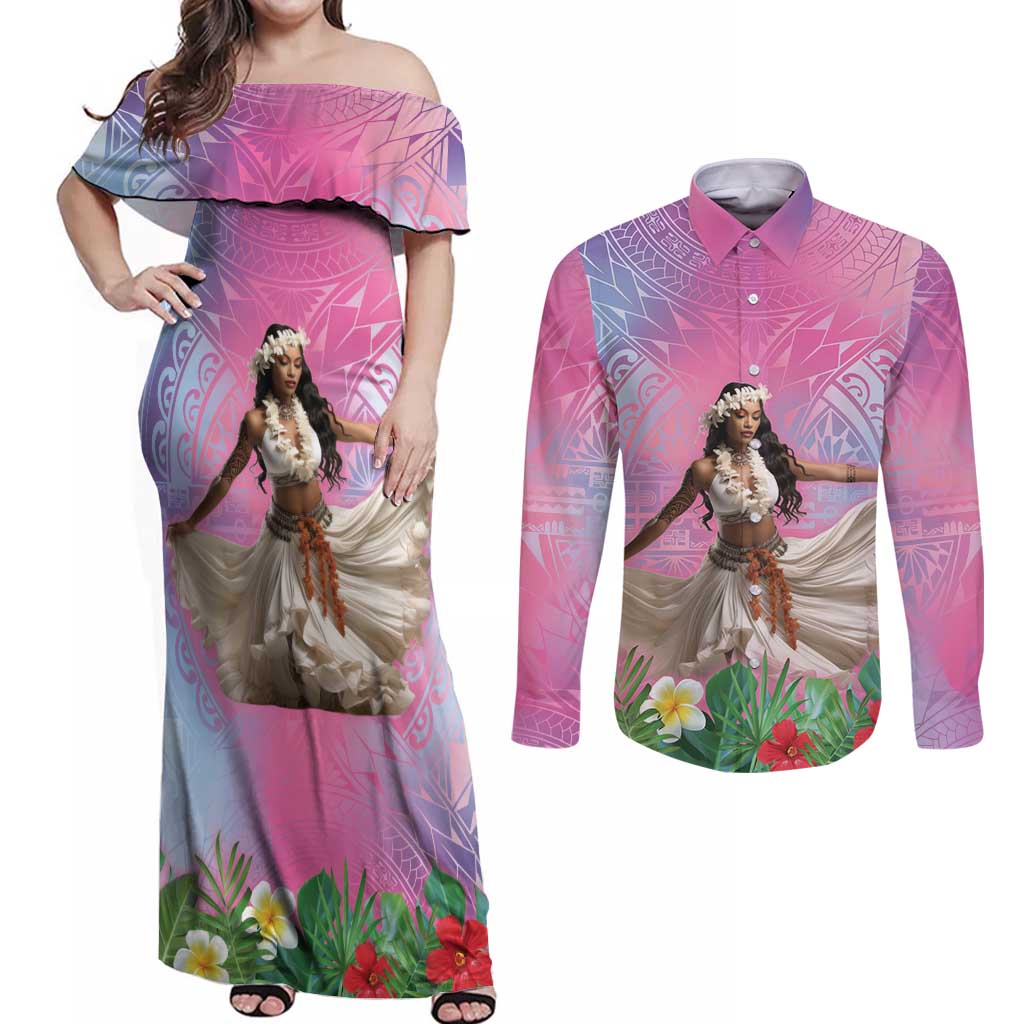 Woman Polynesian Tattoos Couples Matching Off Shoulder Maxi Dress and Long Sleeve Button Shirt Tropical Flower - Sweets Vibrant Color LT03 Vibrant Gradient - Polynesian Pride