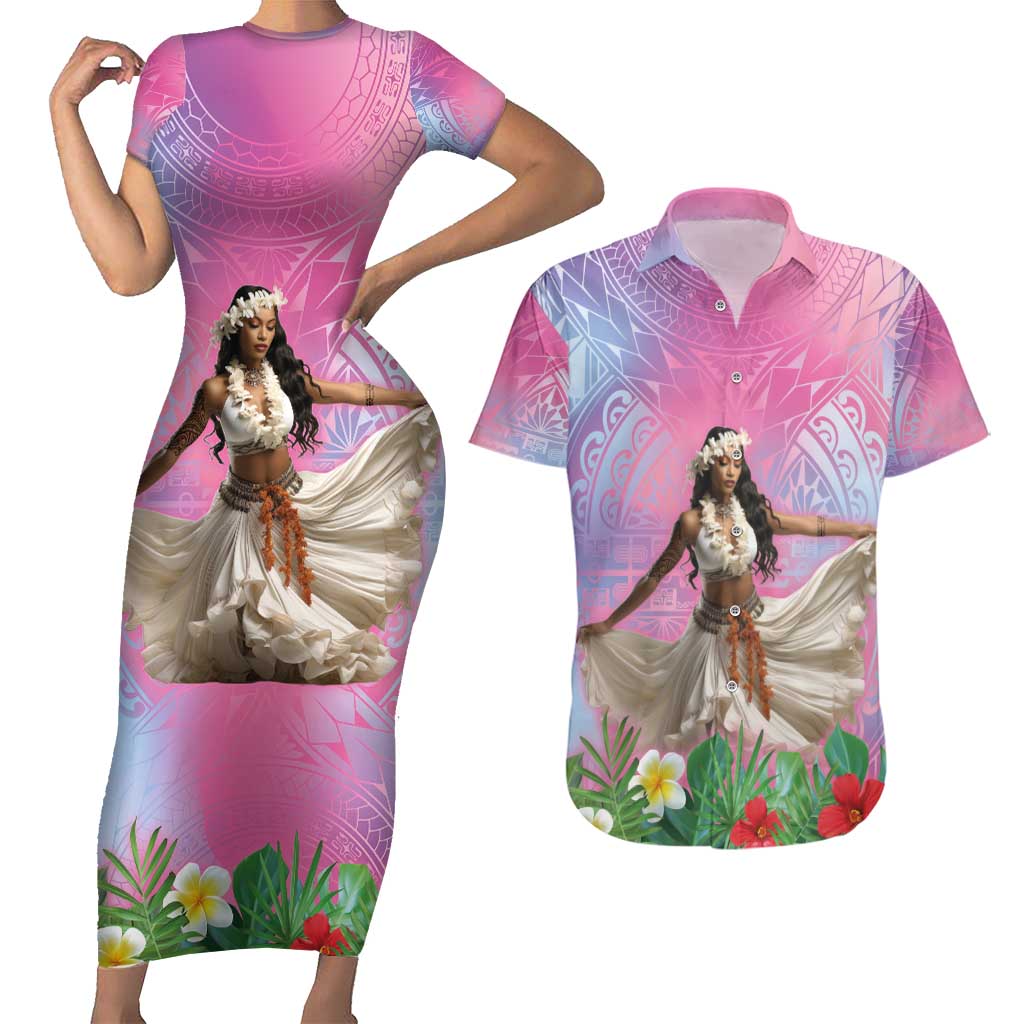 Woman Polynesian Tattoos Couples Matching Short Sleeve Bodycon Dress and Hawaiian Shirt Tropical Flower - Sweets Vibrant Color