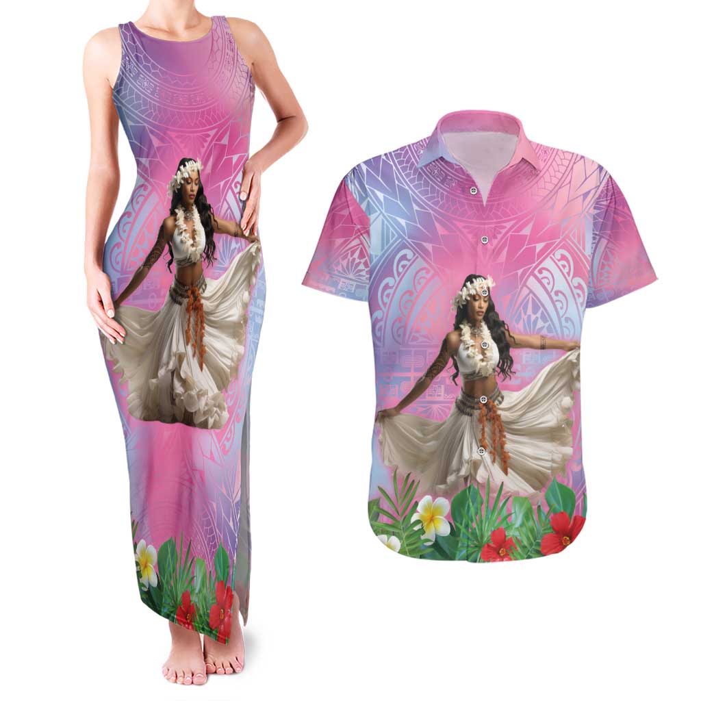 Woman Polynesian Tattoos Couples Matching Tank Maxi Dress and Hawaiian Shirt Tropical Flower - Sweets Vibrant Color