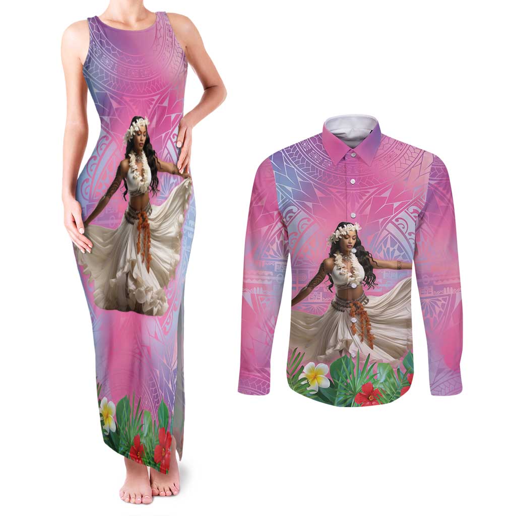Woman Polynesian Tattoos Couples Matching Tank Maxi Dress and Long Sleeve Button Shirt Tropical Flower - Sweets Vibrant Color LT03 Vibrant Gradient - Polynesian Pride