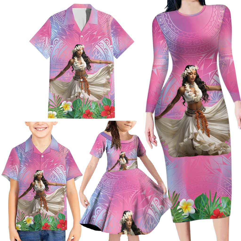 Woman Polynesian Tattoos Family Matching Long Sleeve Bodycon Dress and Hawaiian Shirt Tropical Flower - Sweets Vibrant Color