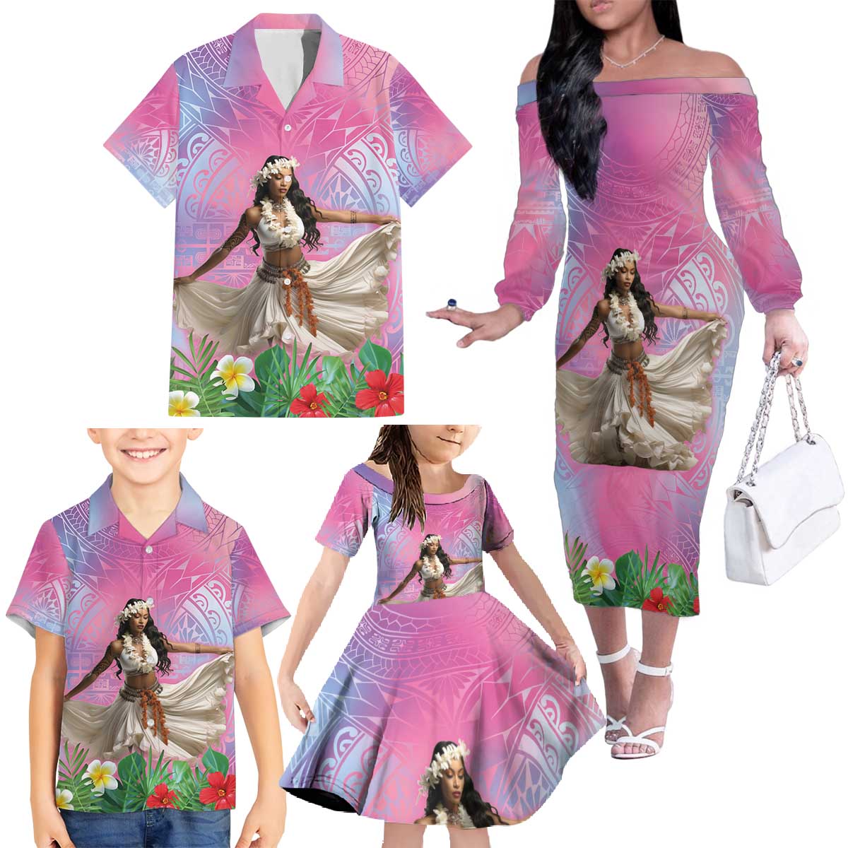 Woman Polynesian Tattoos Family Matching Off The Shoulder Long Sleeve Dress and Hawaiian Shirt Tropical Flower - Sweets Vibrant Color