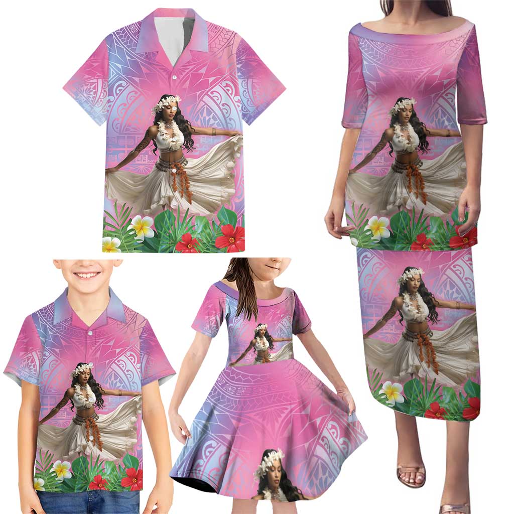 Woman Polynesian Tattoos Family Matching Puletasi and Hawaiian Shirt Tropical Flower - Sweets Vibrant Color