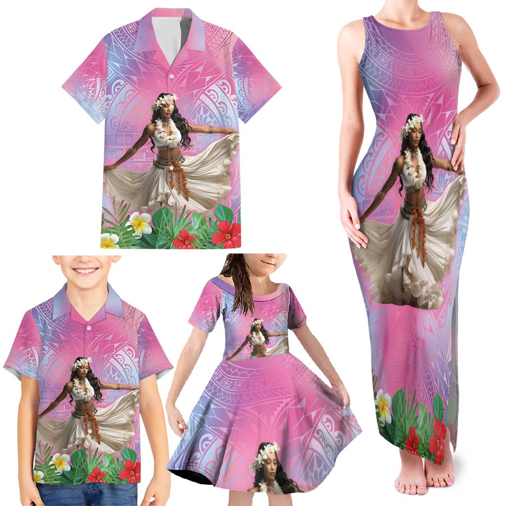 Woman Polynesian Tattoos Family Matching Tank Maxi Dress and Hawaiian Shirt Tropical Flower - Sweets Vibrant Color