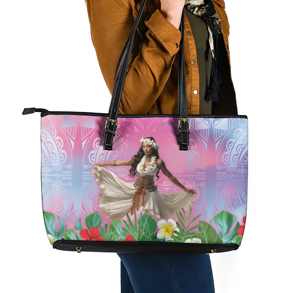 Woman Polynesian Tattoos Leather Tote Bag Tropical Flower - Sweets Vibrant Color LT03 - Polynesian Pride