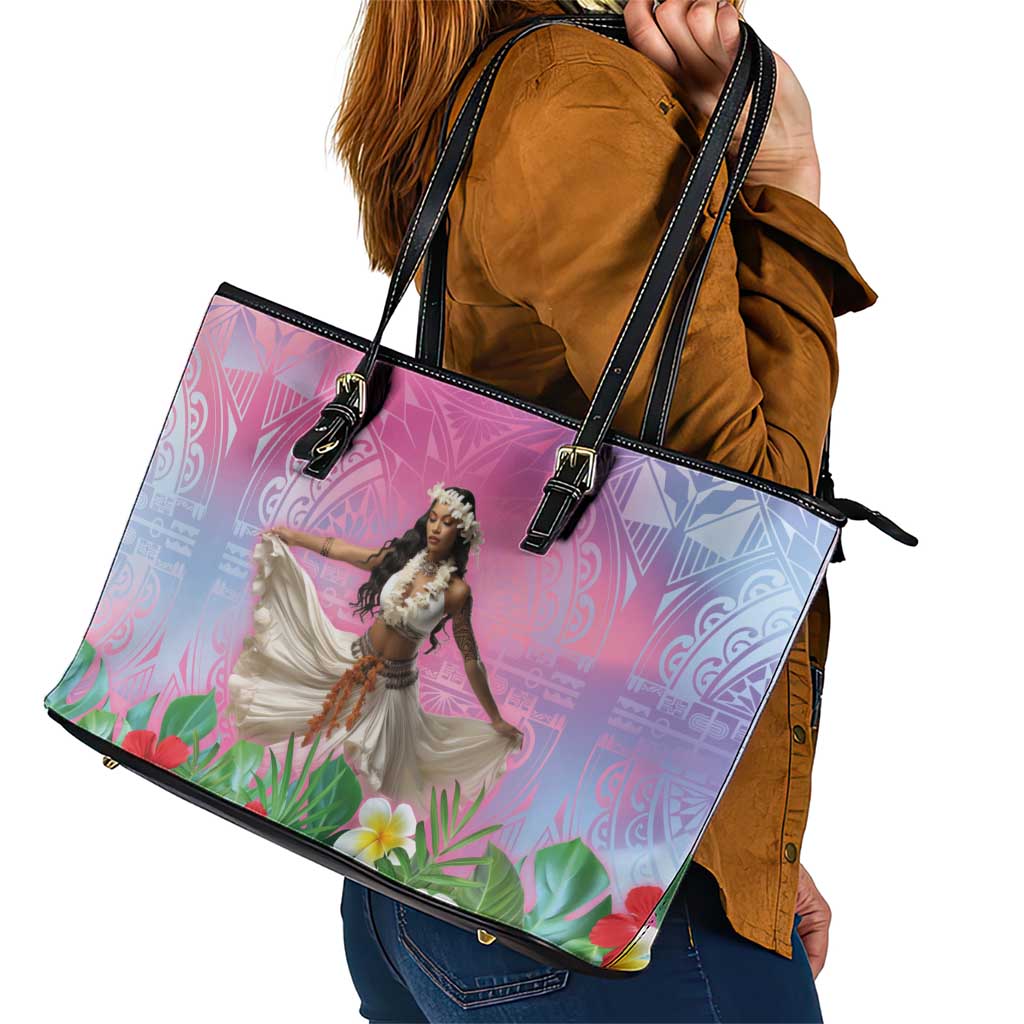 Woman Polynesian Tattoos Leather Tote Bag Tropical Flower - Sweets Vibrant Color LT03 - Polynesian Pride