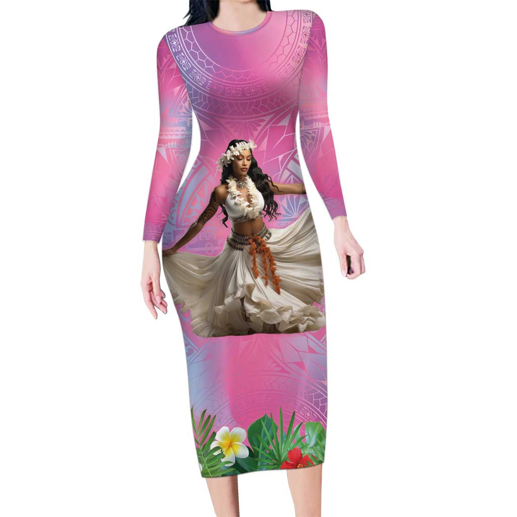 Woman Polynesian Tattoos Long Sleeve Bodycon Dress Tropical Flower - Sweets Vibrant Color