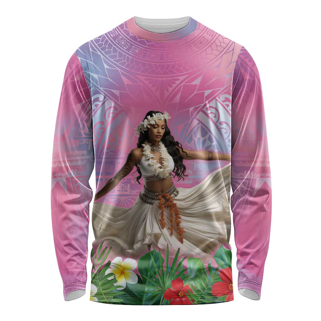 Woman Polynesian Tattoos Long Sleeve Shirt Tropical Flower - Sweets Vibrant Color