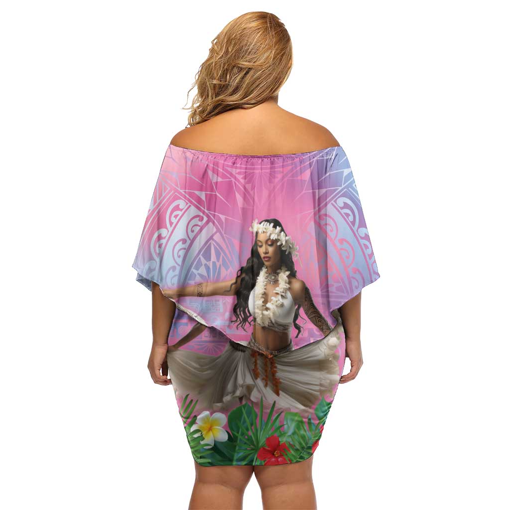 Woman Polynesian Tattoos Off Shoulder Short Dress Tropical Flower - Sweets Vibrant Color LT03 - Polynesian Pride