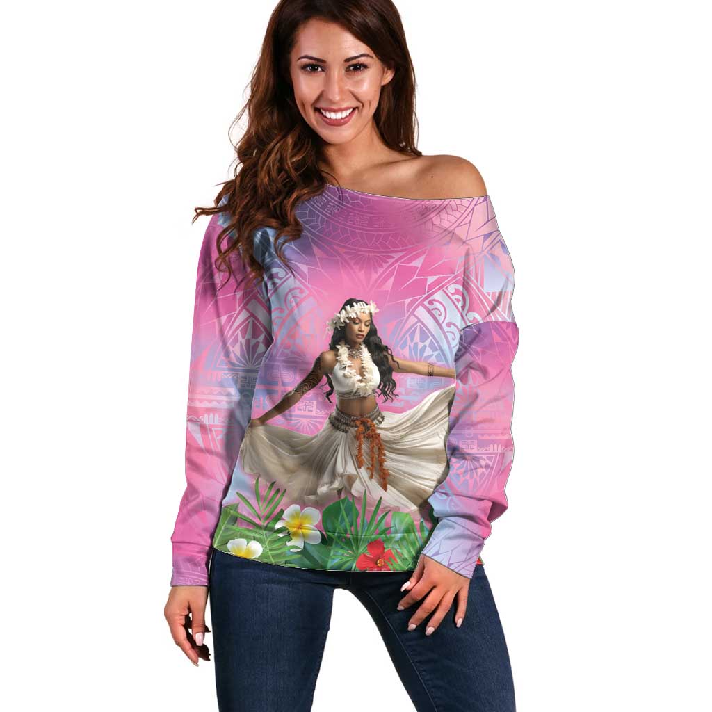 Woman Polynesian Tattoos Off Shoulder Sweater Tropical Flower - Sweets Vibrant Color