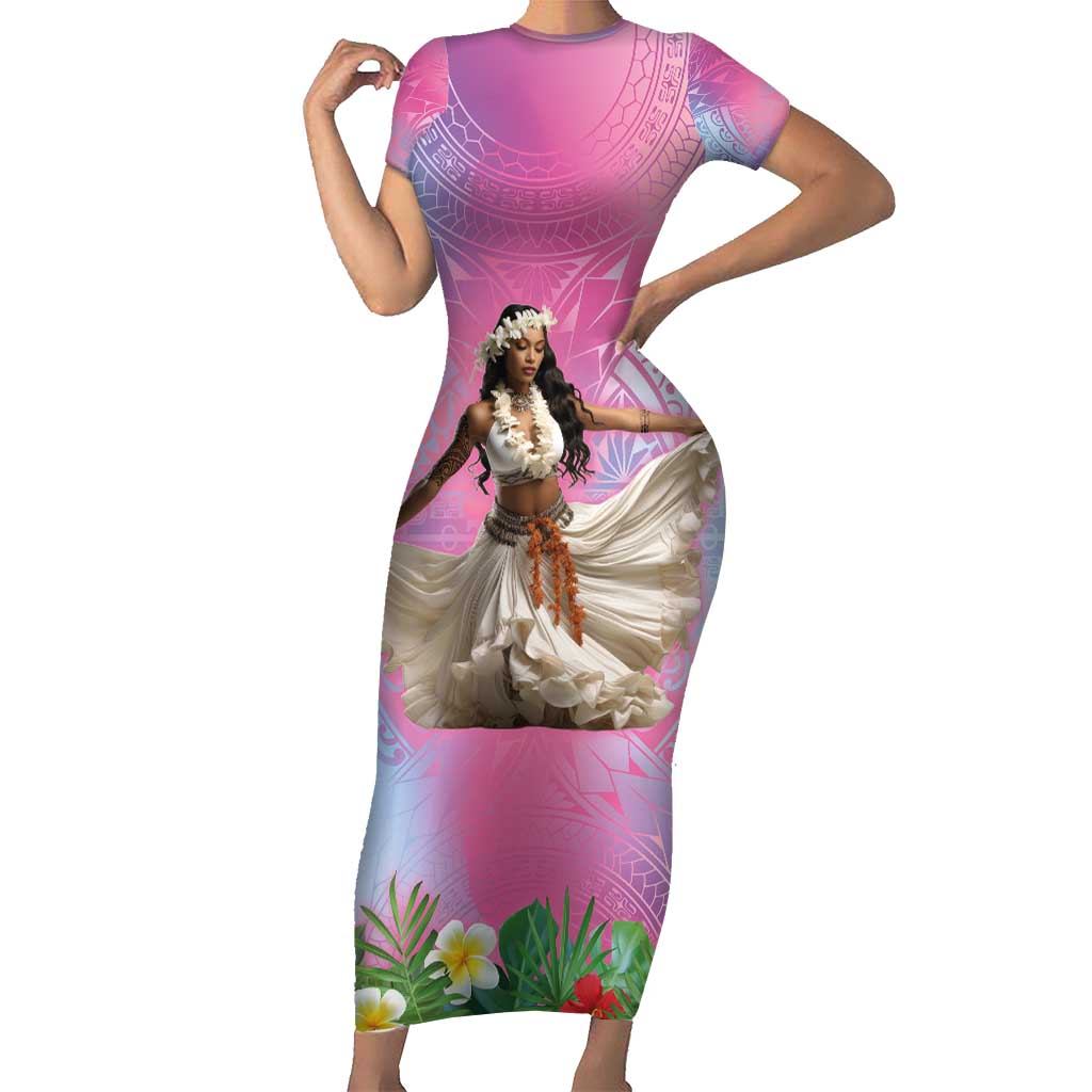 Woman Polynesian Tattoos Short Sleeve Bodycon Dress Tropical Flower - Sweets Vibrant Color