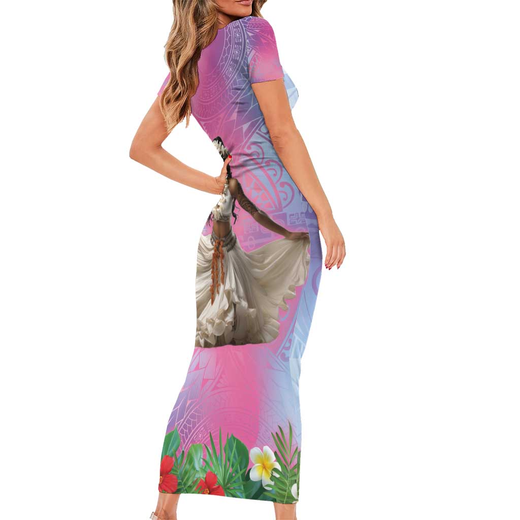 Woman Polynesian Tattoos Short Sleeve Bodycon Dress Tropical Flower - Sweets Vibrant Color