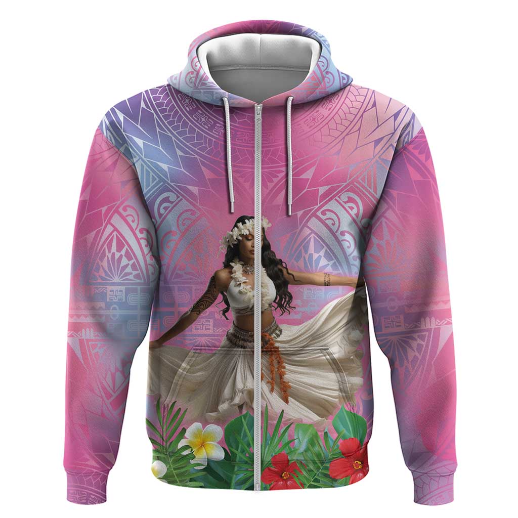 Woman Polynesian Tattoos Zip Hoodie Tropical Flower - Sweets Vibrant Color