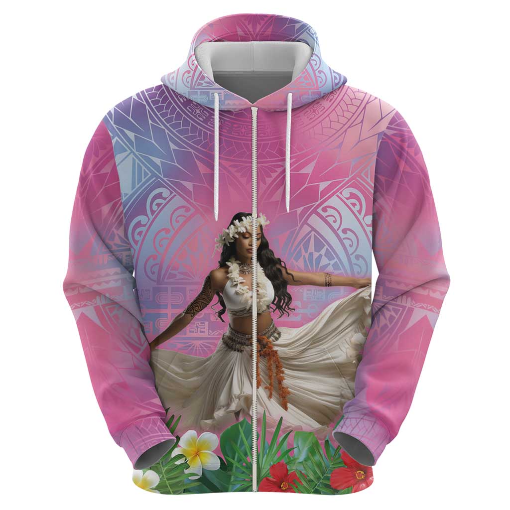 Woman Polynesian Tattoos Zip Hoodie Tropical Flower - Sweets Vibrant Color