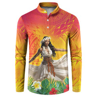 Woman Polynesian Tattoos Button Sweatshirt Tropical Flower - Vibrant Hot Color LT03 Vibrant Gradient - Polynesian Pride