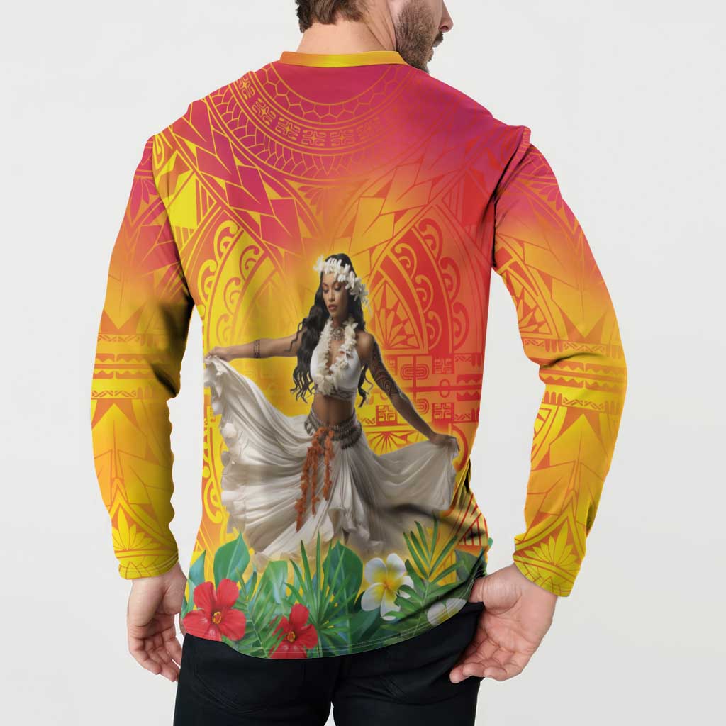 Woman Polynesian Tattoos Button Sweatshirt Tropical Flower - Vibrant Hot Color LT03 - Polynesian Pride