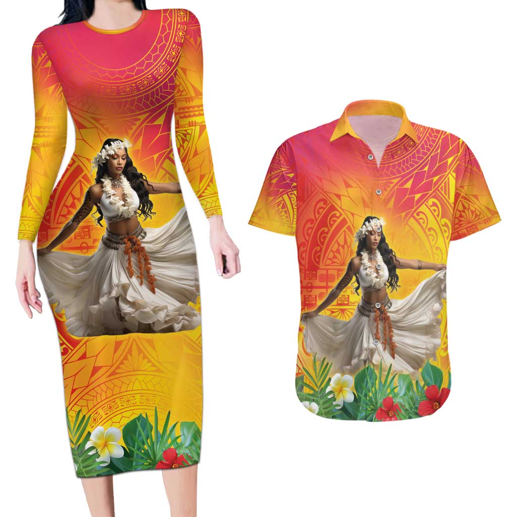 Woman Polynesian Tattoos Couples Matching Long Sleeve Bodycon Dress and Hawaiian Shirt Tropical Flower - Vibrant Hot Color