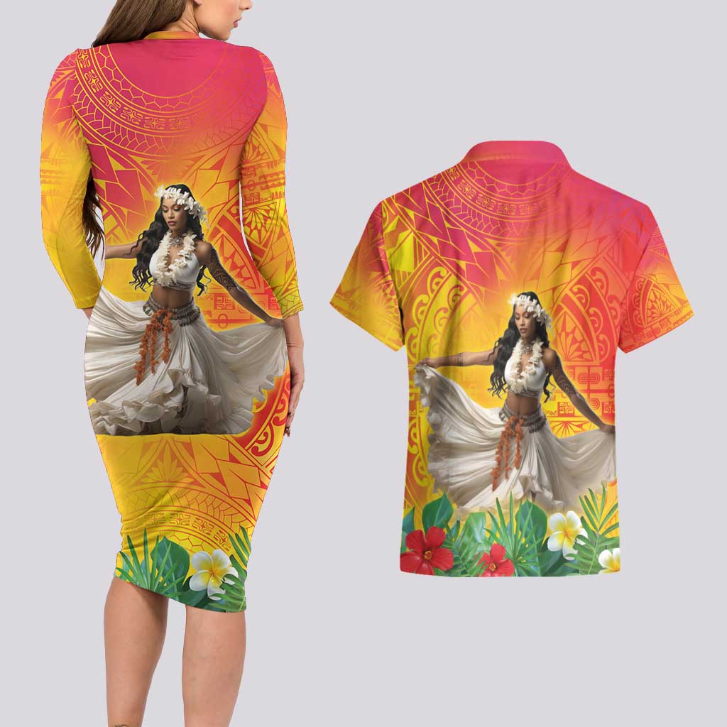 Woman Polynesian Tattoos Couples Matching Long Sleeve Bodycon Dress and Hawaiian Shirt Tropical Flower - Vibrant Hot Color