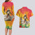 Woman Polynesian Tattoos Couples Matching Long Sleeve Bodycon Dress and Hawaiian Shirt Tropical Flower - Vibrant Hot Color