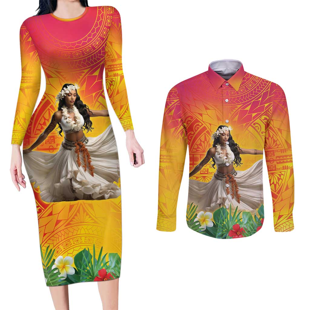 Woman Polynesian Tattoos Couples Matching Long Sleeve Bodycon Dress and Long Sleeve Button Shirt Tropical Flower - Vibrant Hot Color LT03 Vibrant Gradient - Polynesian Pride