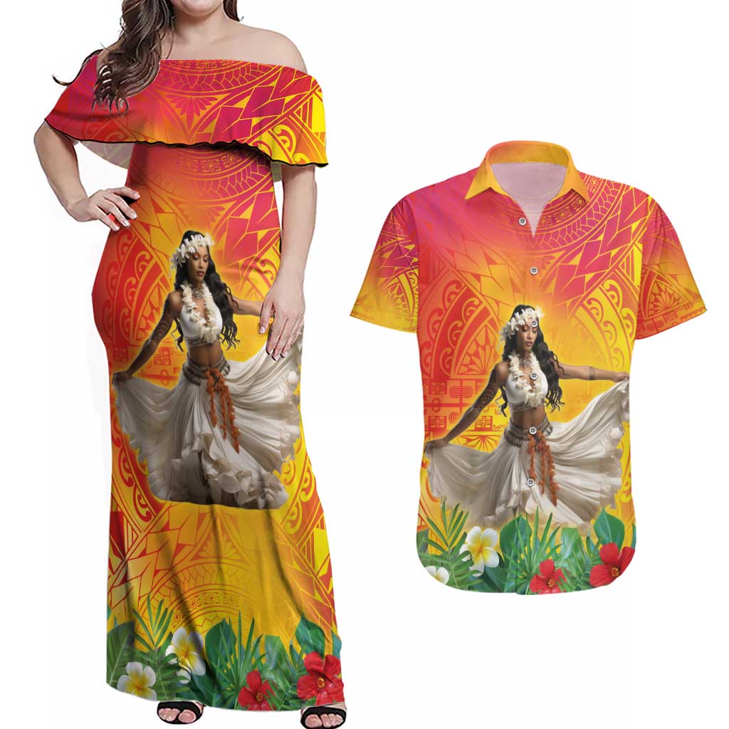 Woman Polynesian Tattoos Couples Matching Off Shoulder Maxi Dress and Hawaiian Shirt Tropical Flower - Vibrant Hot Color