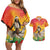 Woman Polynesian Tattoos Couples Matching Off Shoulder Short Dress and Hawaiian Shirt Tropical Flower - Vibrant Hot Color