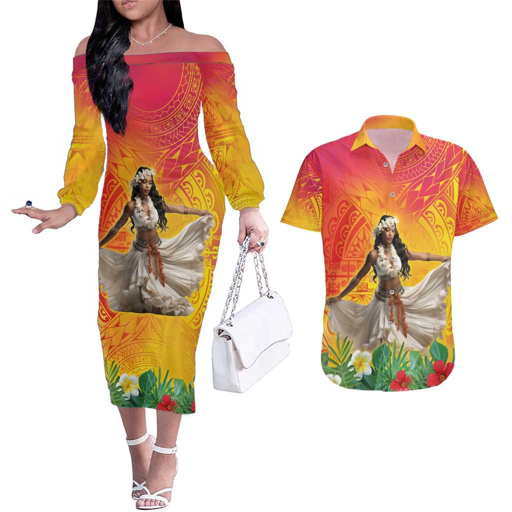 Woman Polynesian Tattoos Couples Matching Off The Shoulder Long Sleeve Dress and Hawaiian Shirt Tropical Flower - Vibrant Hot Color