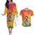 Woman Polynesian Tattoos Couples Matching Off The Shoulder Long Sleeve Dress and Hawaiian Shirt Tropical Flower - Vibrant Hot Color