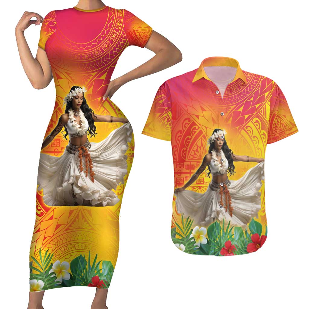 Woman Polynesian Tattoos Couples Matching Short Sleeve Bodycon Dress and Hawaiian Shirt Tropical Flower - Vibrant Hot Color LT03 Vibrant Gradient - Polynesian Pride