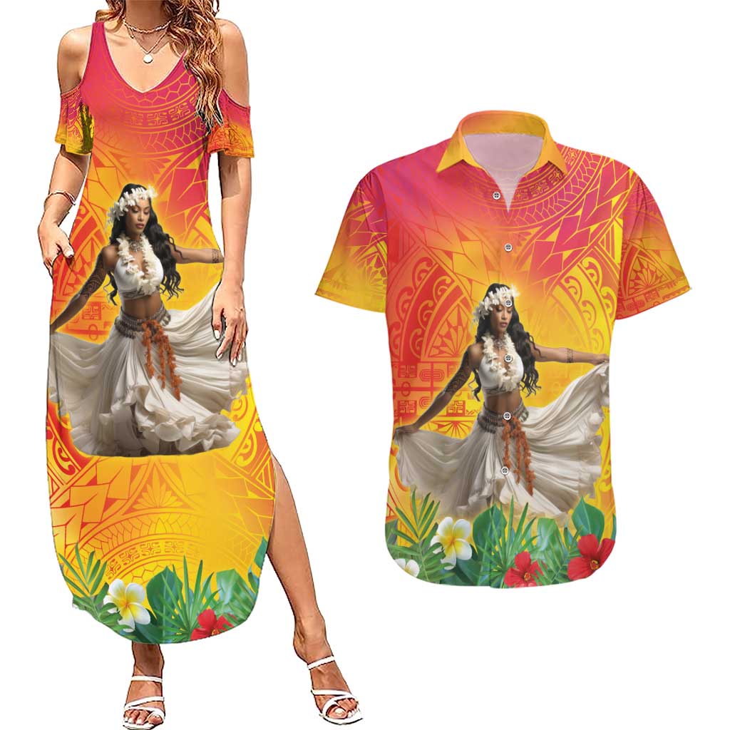 Woman Polynesian Tattoos Couples Matching Summer Maxi Dress and Hawaiian Shirt Tropical Flower - Vibrant Hot Color