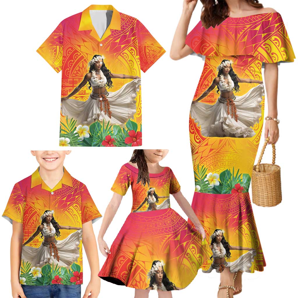 Woman Polynesian Tattoos Family Matching Mermaid Dress and Hawaiian Shirt Tropical Flower - Vibrant Hot Color