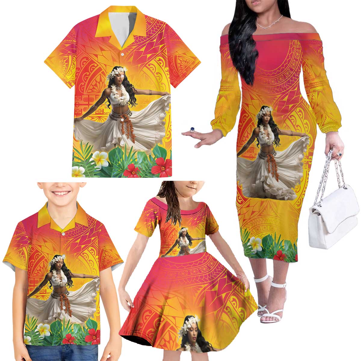 Woman Polynesian Tattoos Family Matching Off The Shoulder Long Sleeve Dress and Hawaiian Shirt Tropical Flower - Vibrant Hot Color