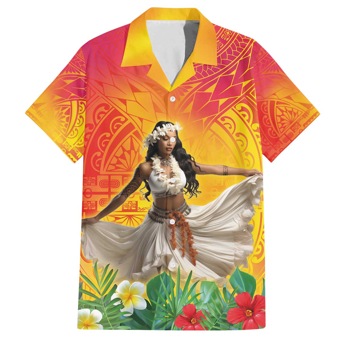 Woman Polynesian Tattoos Family Matching Off The Shoulder Long Sleeve Dress and Hawaiian Shirt Tropical Flower - Vibrant Hot Color