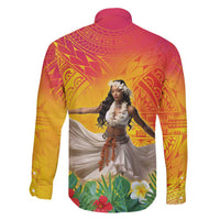 Woman Polynesian Tattoos Family Matching Off The Shoulder Long Sleeve Dress and Hawaiian Shirt Tropical Flower - Vibrant Hot Color