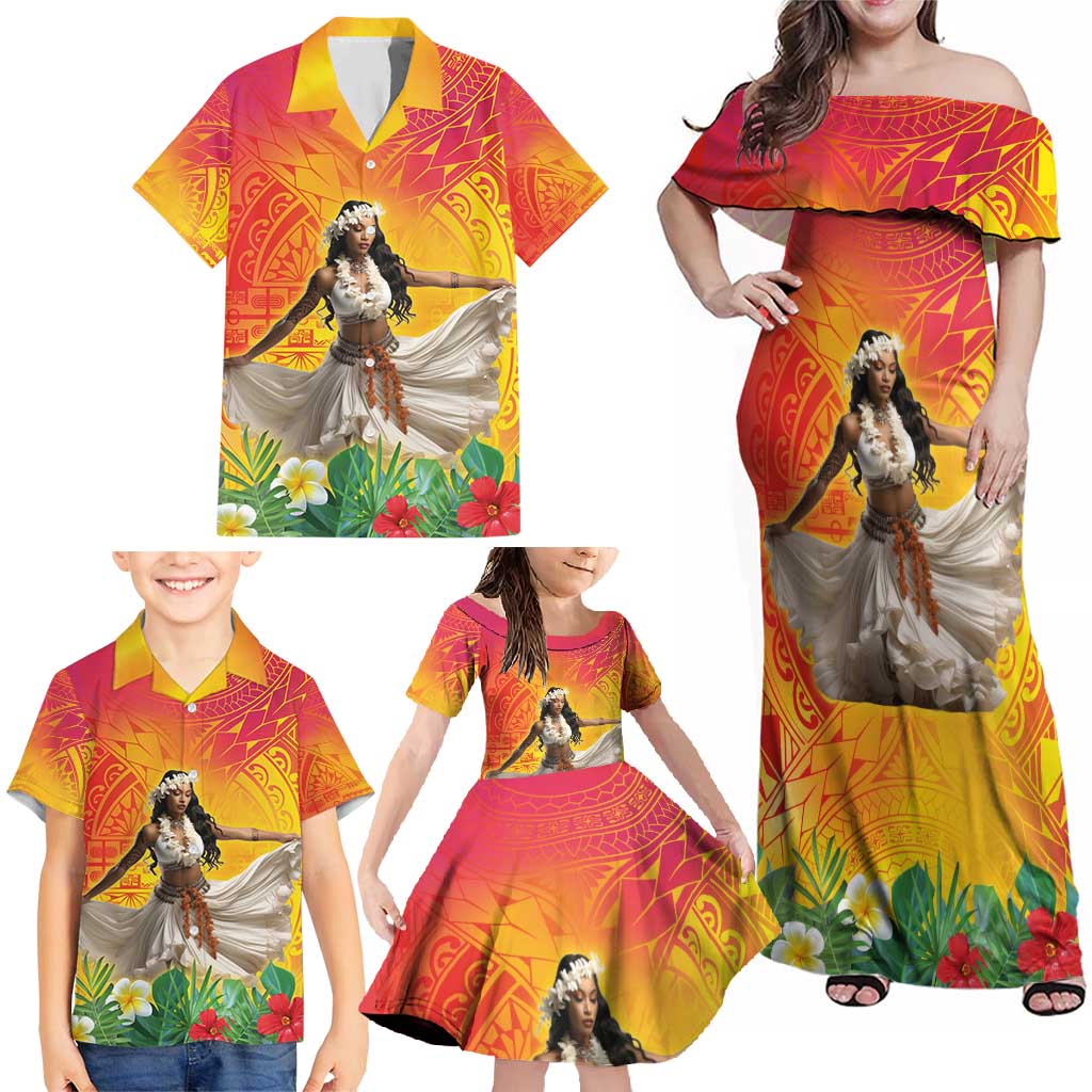 Woman Polynesian Tattoos Family Matching Off Shoulder Maxi Dress and Hawaiian Shirt Tropical Flower - Vibrant Hot Color