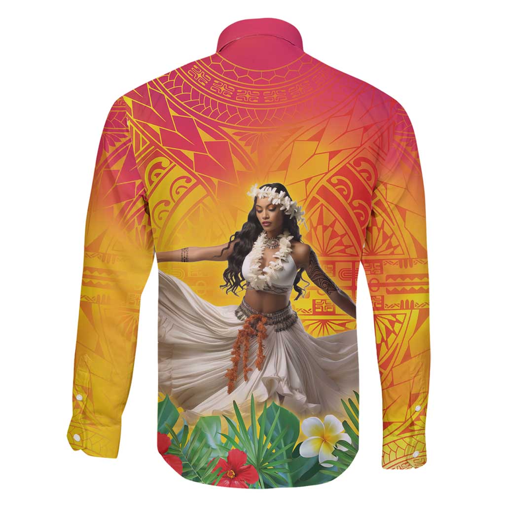 Woman Polynesian Tattoos Family Matching Off Shoulder Maxi Dress and Hawaiian Shirt Tropical Flower - Vibrant Hot Color