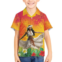 Woman Polynesian Tattoos Family Matching Off Shoulder Maxi Dress and Hawaiian Shirt Tropical Flower - Vibrant Hot Color