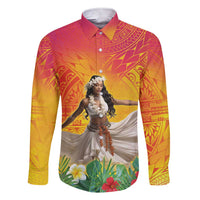 Woman Polynesian Tattoos Family Matching Short Sleeve Bodycon Dress and Hawaiian Shirt Tropical Flower - Vibrant Hot Color